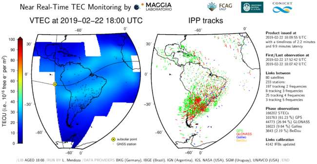 Ejemplo de los mapas del estado de ionización de la atmósfera sobre Sud America, producidos por MAGGIA, y actualizados automáticamente cada 15 minutos.